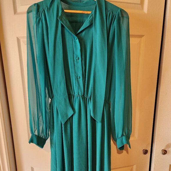VINTAGE Turquoise Chiffon Tie Neck Dress SM - Picture 1 of 2